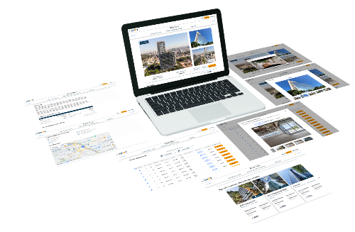 SPOT - Mercado Imobiliário Comercial: Laptop exibindo capturas de tela da plataforma e relatórios